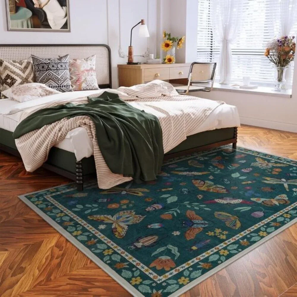 New 5x7 Dark Green Insect Print Rug, Washable Non-Slip Modern Carpet for Home